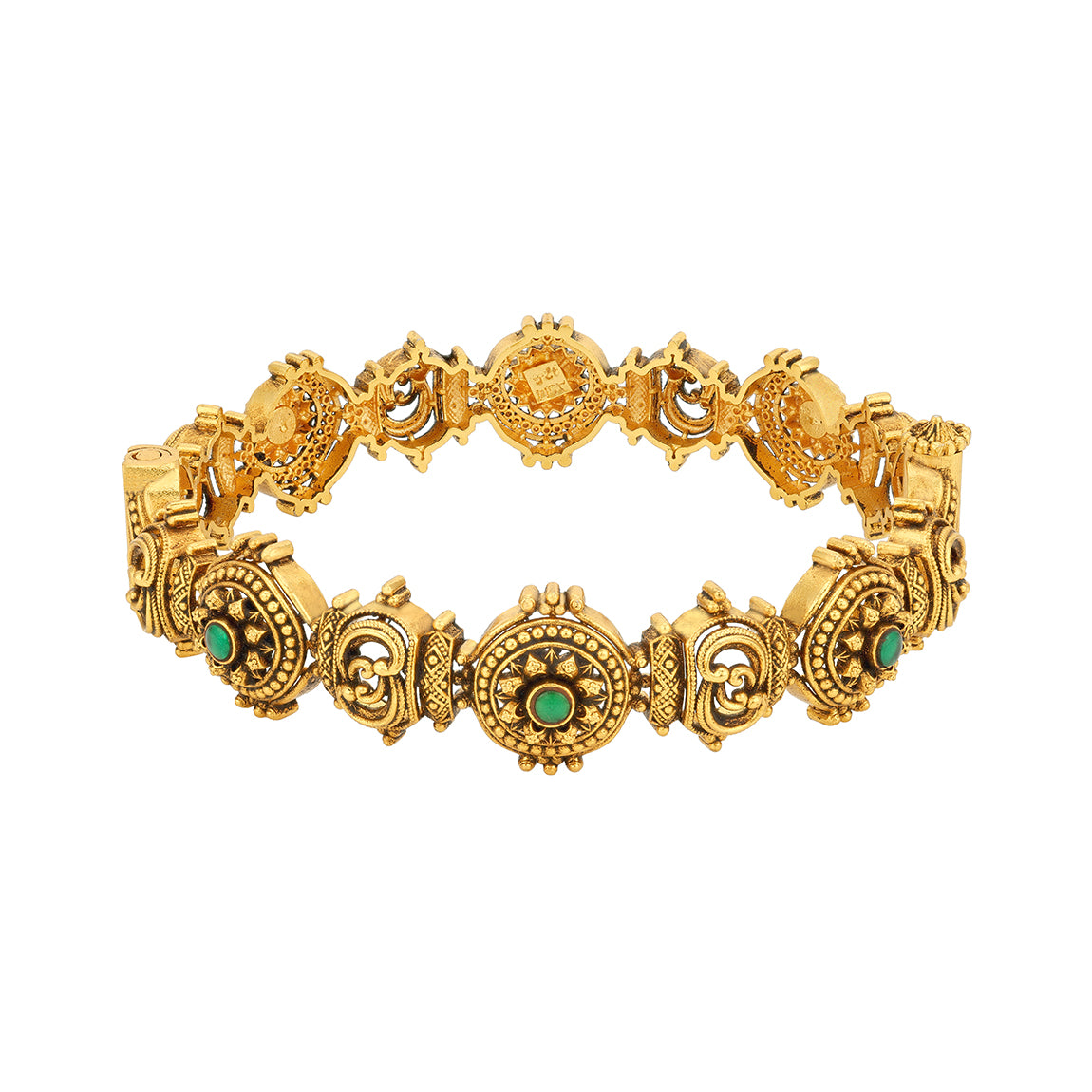 Antique Temple Floral 925 Sterling Silver Green Stone Bangle for Women