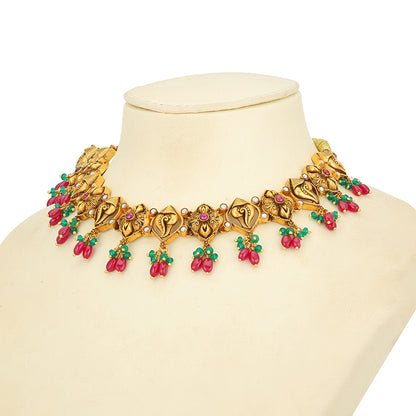 Antique Alternating Floral Shell Motif 925 Sterling Silver Pink Green Drop Necklace for Women
