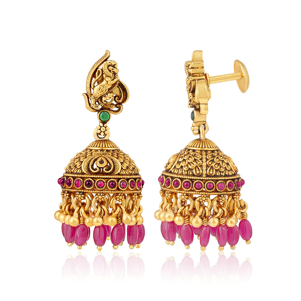 Antique Animal Motif 925 Sterling Silver Pink Drop Jhumkha for Women