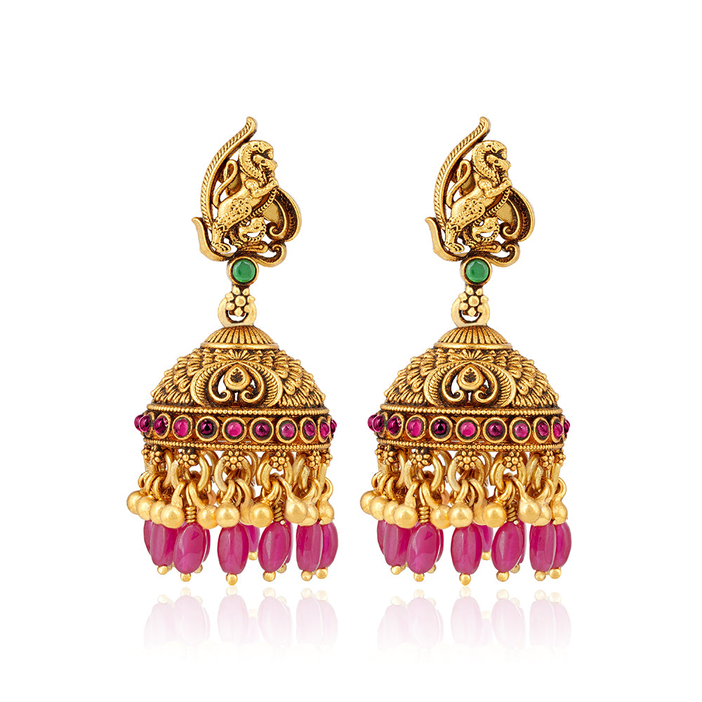 Antique Animal Motif 925 Sterling Silver Pink Drop Jhumkha for Women