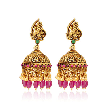 Antique Animal Motif 925 Sterling Silver Pink Drop Jhumkha for Women