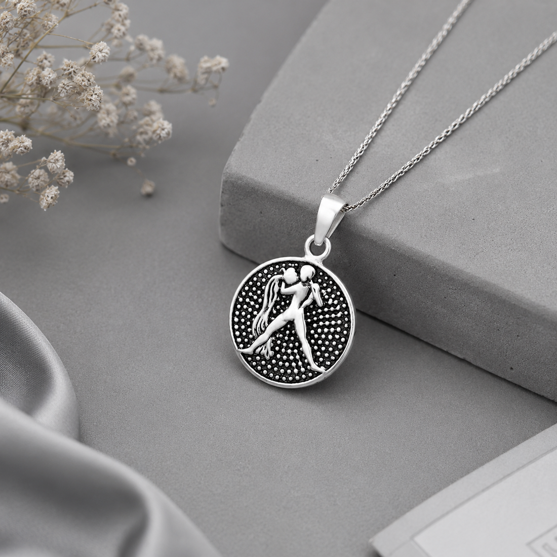 Antique Aquarius Zodiac Disc 925 Sterling Silver Pendant for Men