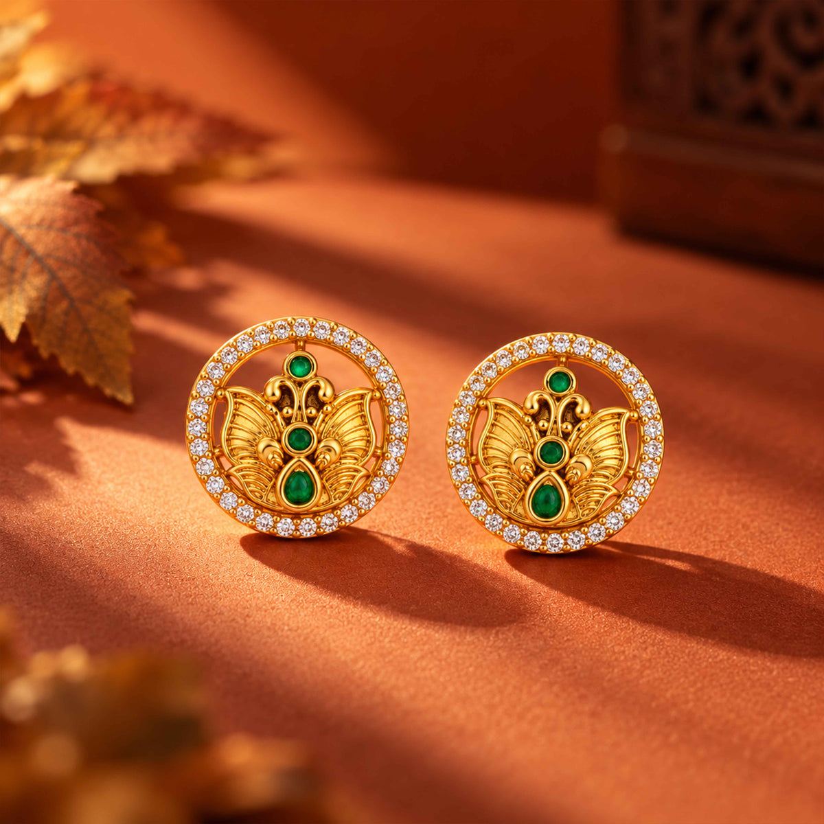 Antique Butterfly Emerald Halo Sterling Silver Studs