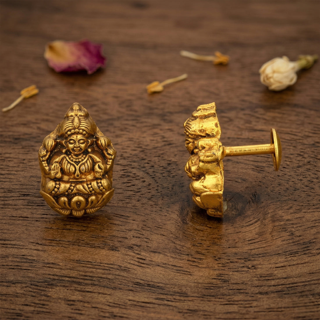 Antique Deity Lakshmi Lotus 925 Sterling Silver Gold Toned Stud for Women