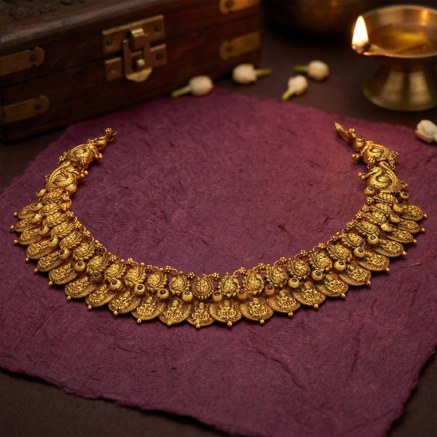 Antique Double Layer Goddess Lakshmi Motif 925 Sterling Silver Kasumalai Necklace for Women