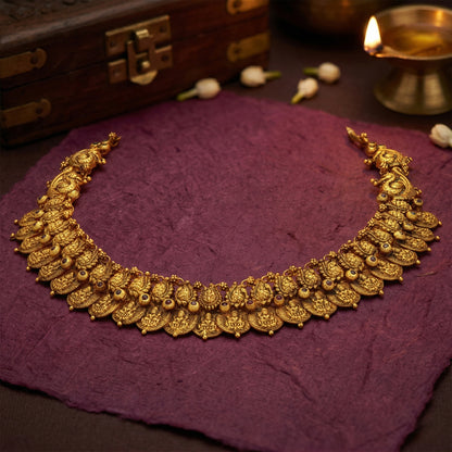 Antique Double Layer Goddess Lakshmi Motif 925 Sterling Silver Kasumalai Necklace for Women