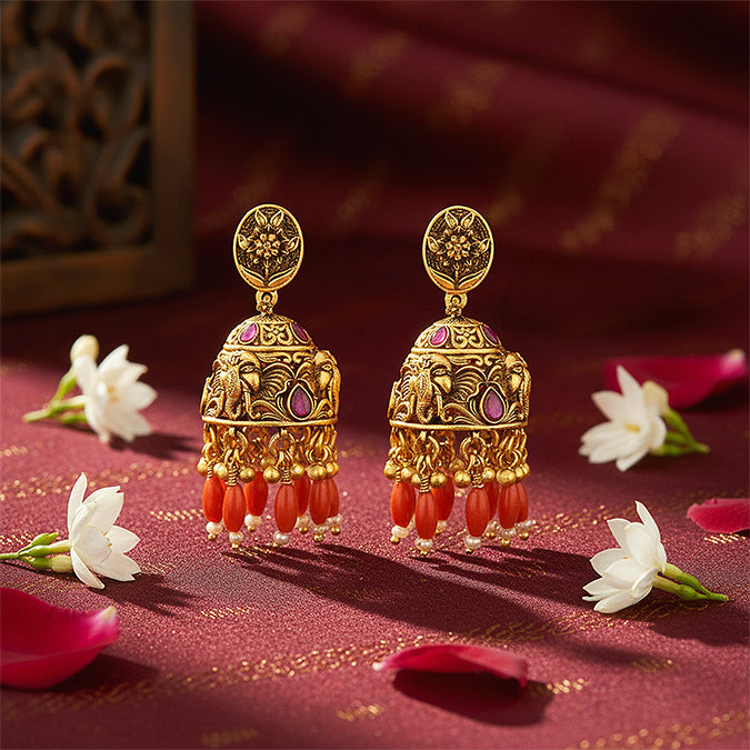 Antique Elephant Motif Temple 925 Sterling Silver Coral Drop Earring for Women