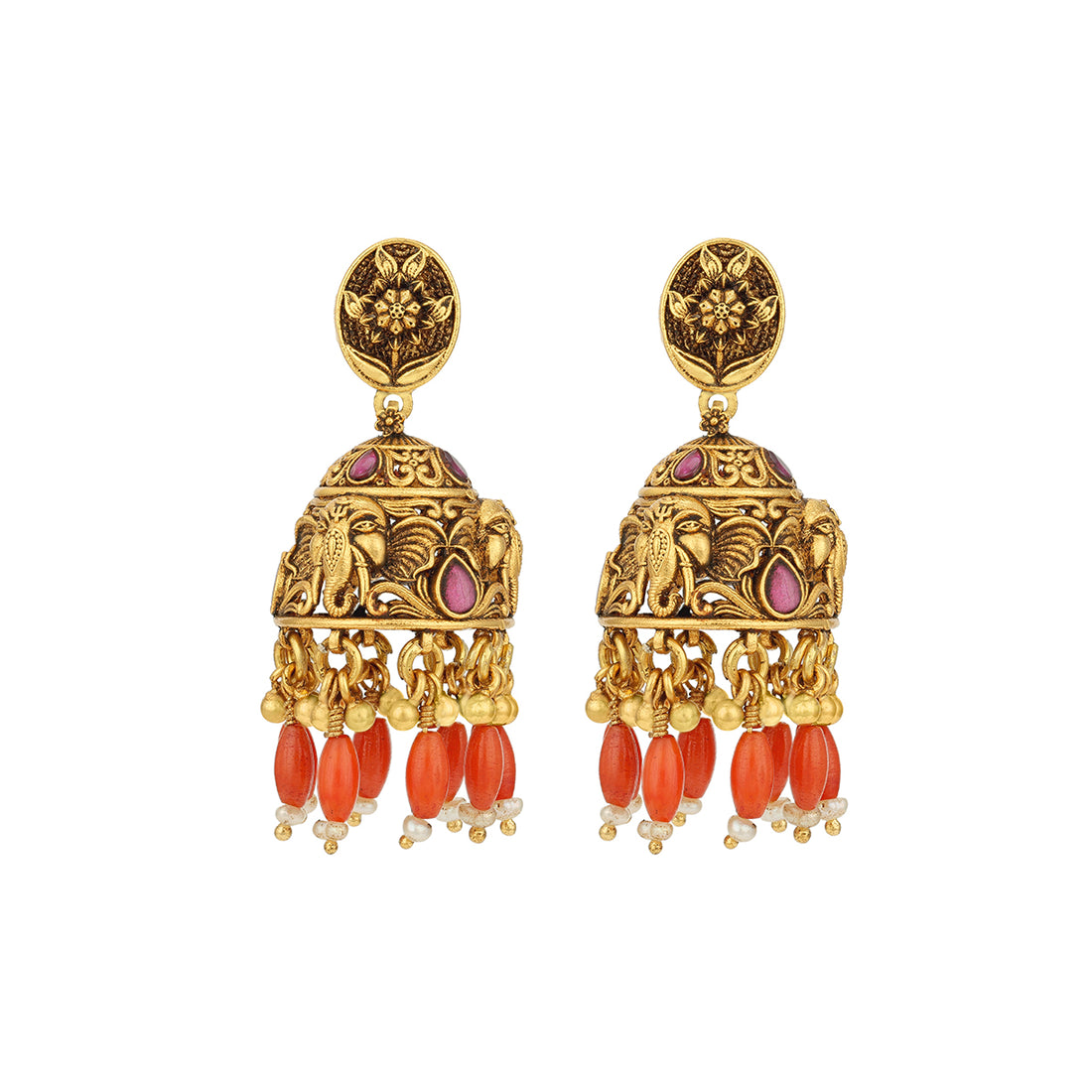 Antique Elephant Motif Temple 925 Sterling Silver Coral Drop Earring for Women