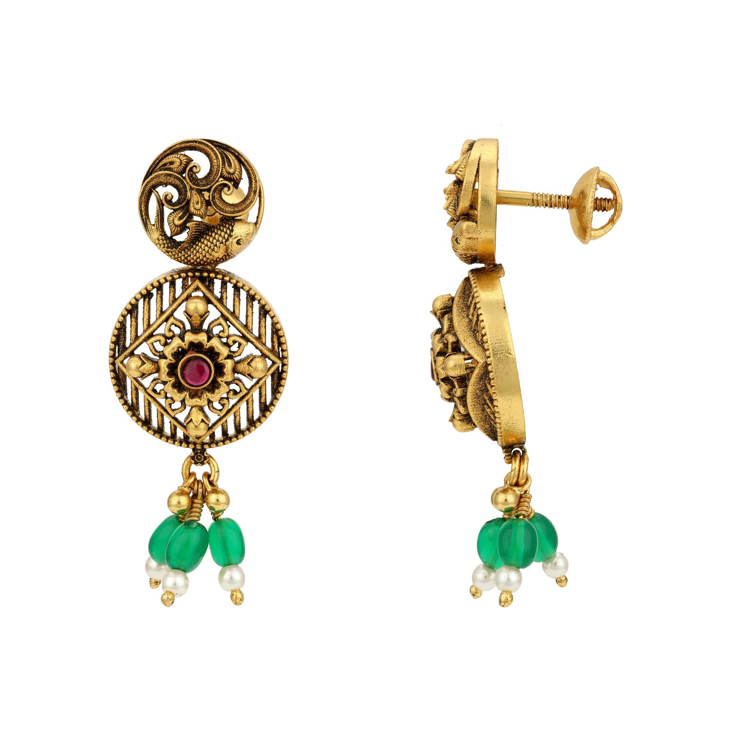 Antique Fish Motif Floral Dangle 925 Sterling Silver Green Drop Earring for Women