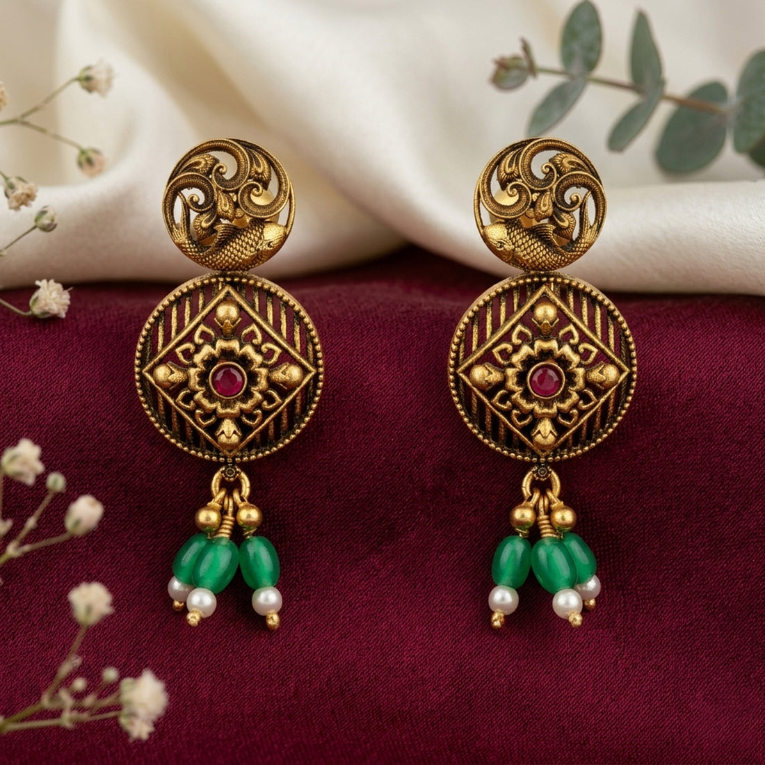 Antique Fish Motif Floral Dangle 925 Sterling Silver Green Drop Earring for Women