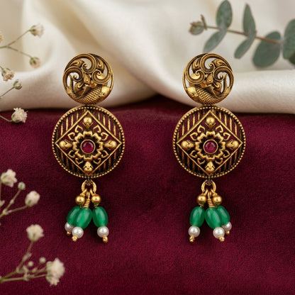 Antique Fish Motif Floral Dangle 925 Sterling Silver Green Drop Earring for Women