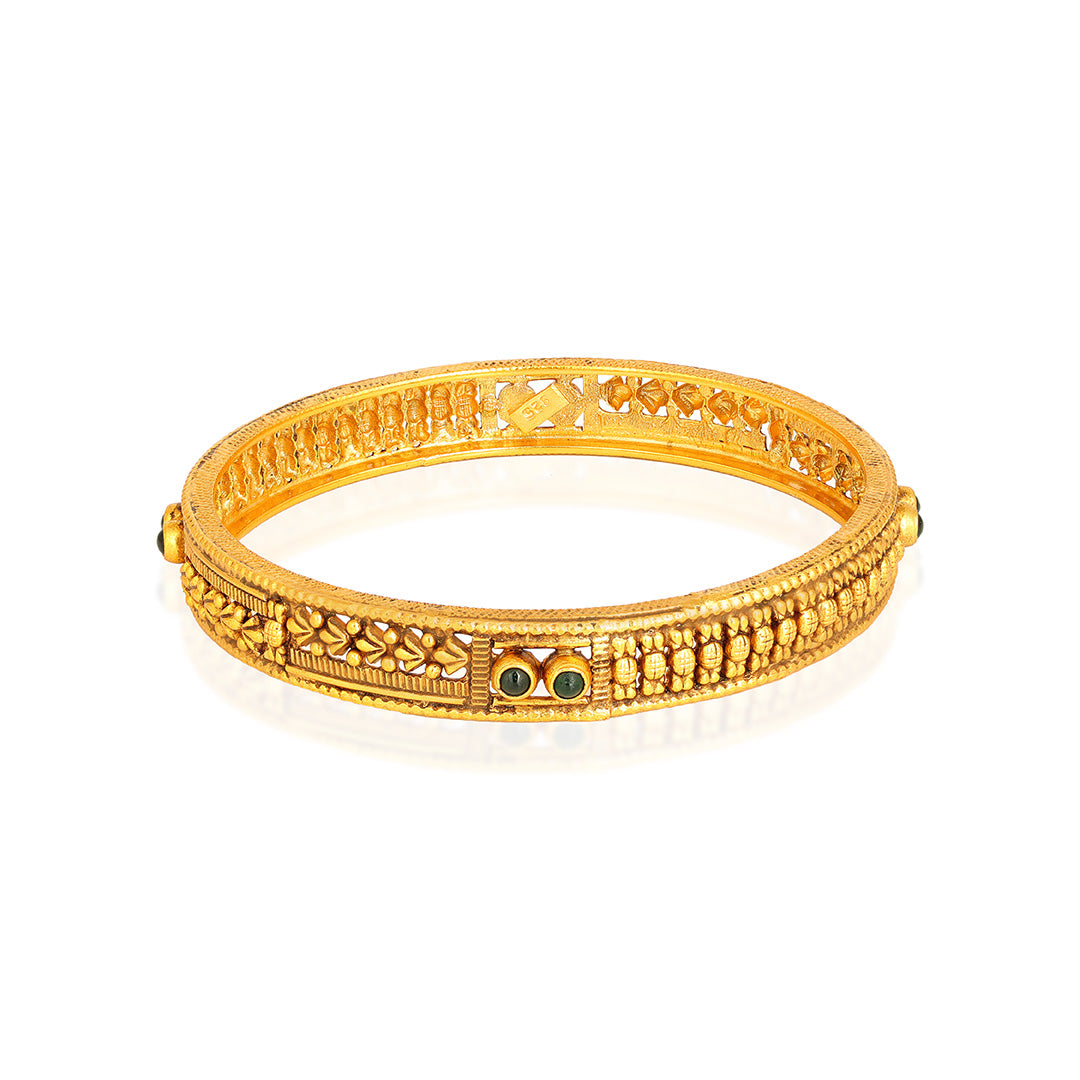 Antique Flower Motif 925 Sterling Silver Green Stone Bangle for Women