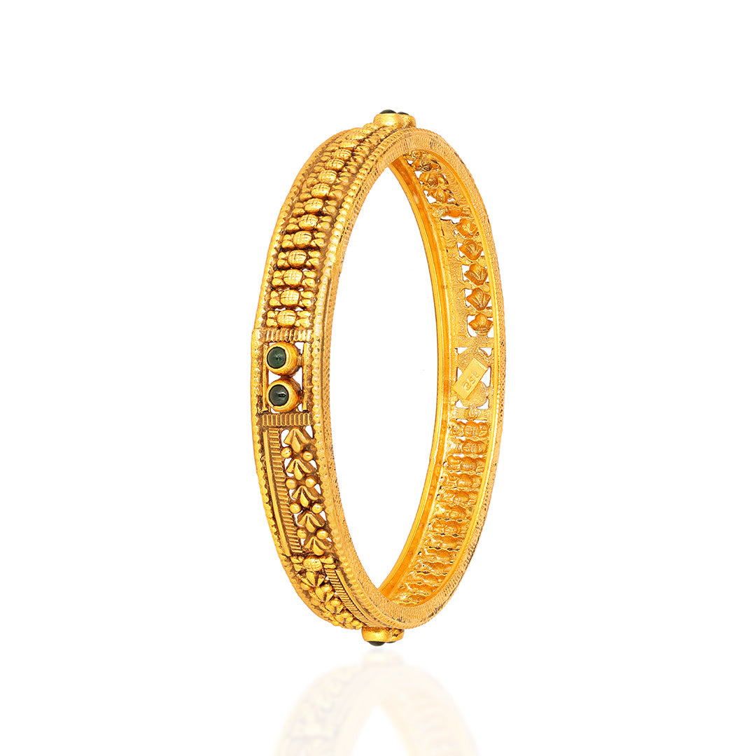 Antique Flower Motif 925 Sterling Silver Green Stone Bangle for Women