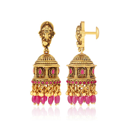 Antique Ganesha 925 Sterling Silver Ruby Dangle Jhumkha for Women