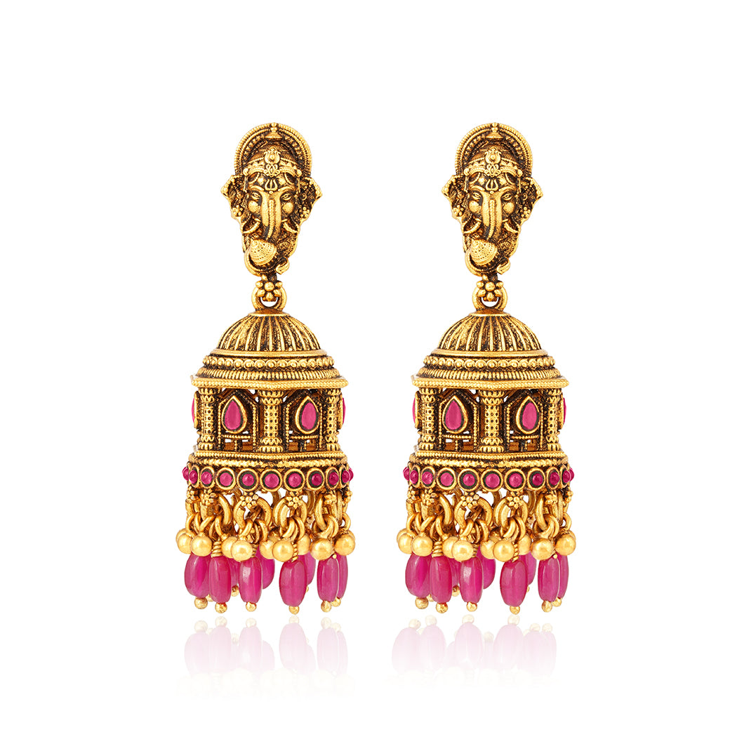 Antique Ganesha 925 Sterling Silver Ruby Dangle Jhumkha for Women