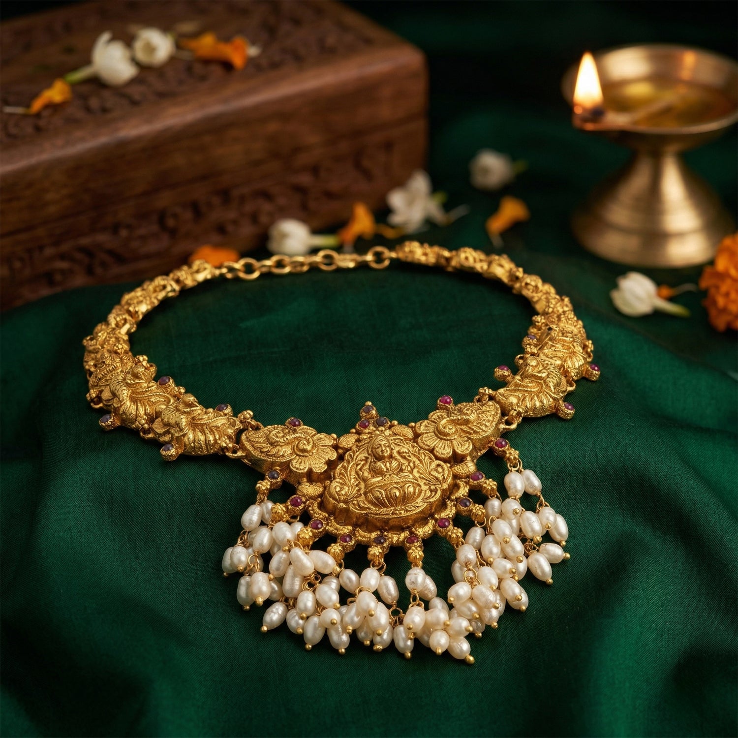 Antique Goddess Lakshmi 925 Sterling Silver Pearl Cluster Drop Necklace for Women