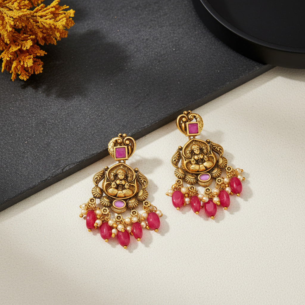 Antique Goddess Lakshmi Gold Plated 925 Sterling Silver Pink Coral Drop Earring for Women
