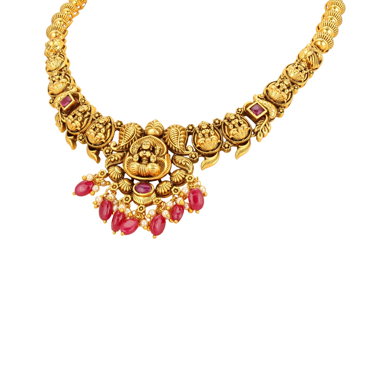 Antique Goddess Lakshmi Motif 925 Sterling Silver Pink Drop Necklace for Women