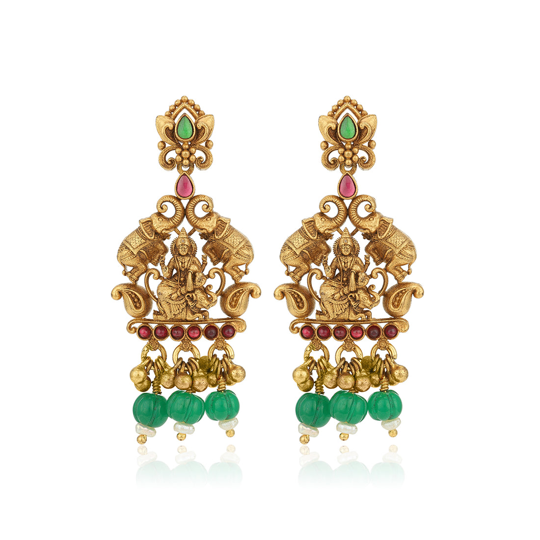 Antique Goddess Lakshmi Seated on Elephant 925 Sterling Silver Green Bead Drop Earring for Women