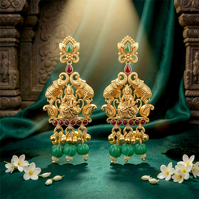 Antique Goddess Lakshmi Seated on Elephant 925 Sterling Silver Green Bead Drop Earring for Women