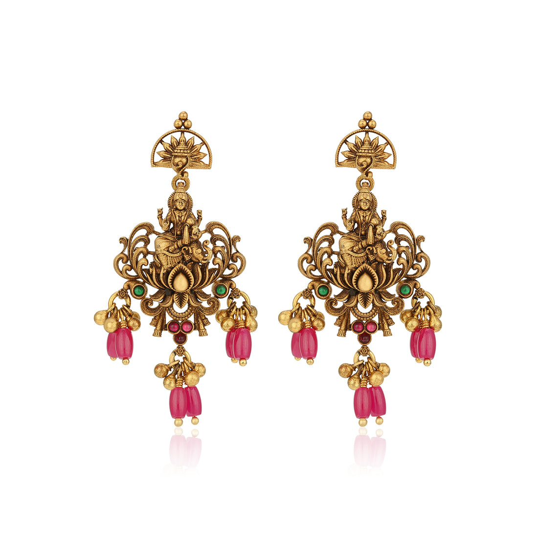 Antique Goddess Lakshmi Seated on Lotus Flower 925 Sterling Silver Pink Bead Drop Earring for Women