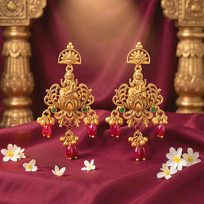 Antique Goddess Lakshmi Seated on Lotus Flower 925 Sterling Silver Pink Bead Drop Earring for Women