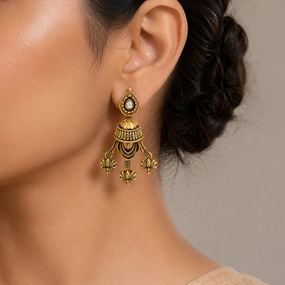 Antique Gold Lotus Chandelier Jhumka Earrings