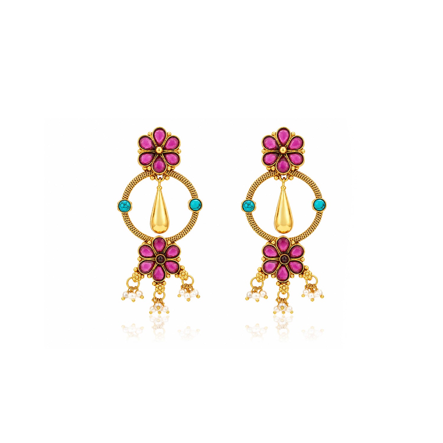 Antique Gold Pink Floral Drop Earrings
