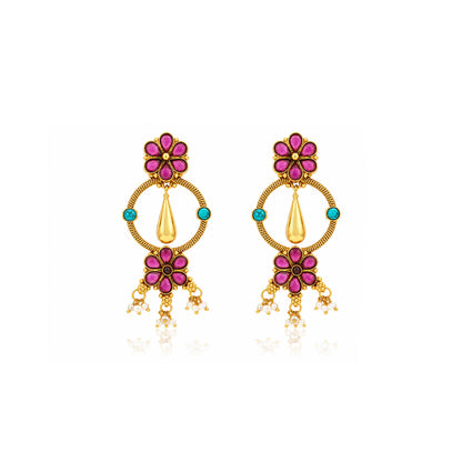 Antique Gold Pink Floral Drop Earrings