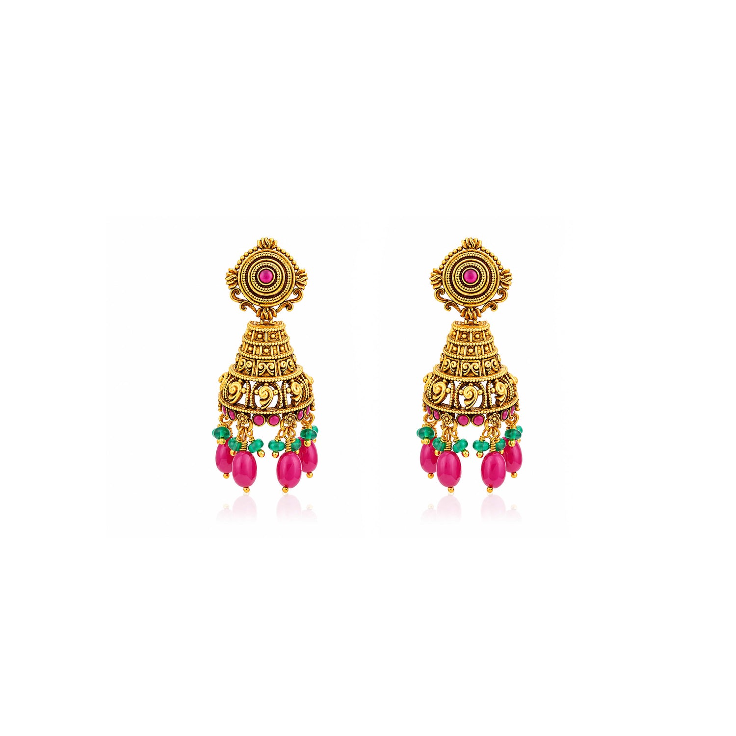 Antique Gold Temple Jhumka Earrings with Ruby Pink Beads
