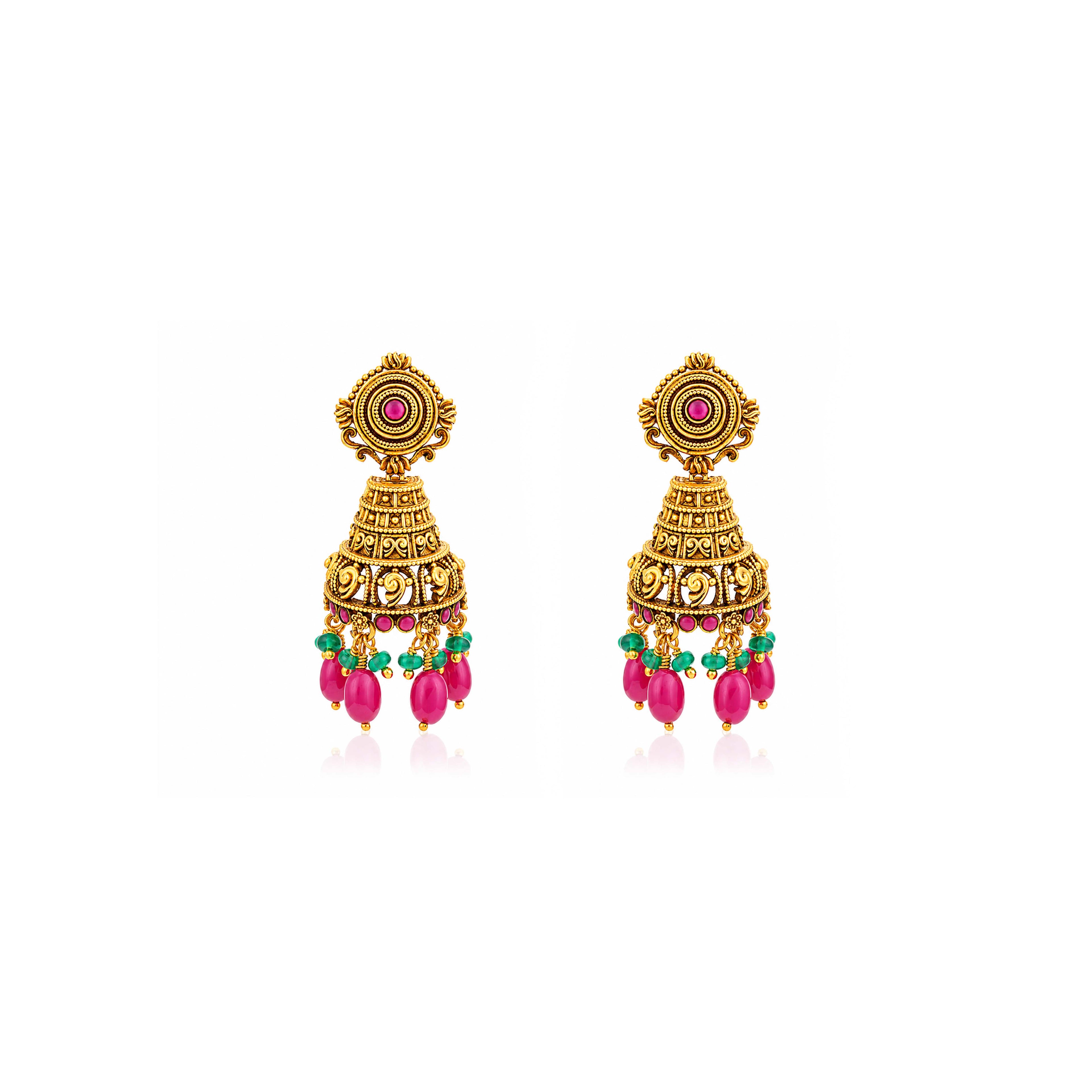Antique Gold Temple Jhumka Earrings with Ruby Pink Beads