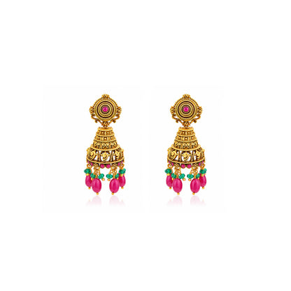 Antique Gold Temple Jhumka Earrings with Ruby Pink Beads