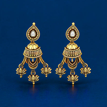 Antique Gold Lotus Chandelier Jhumka Earrings