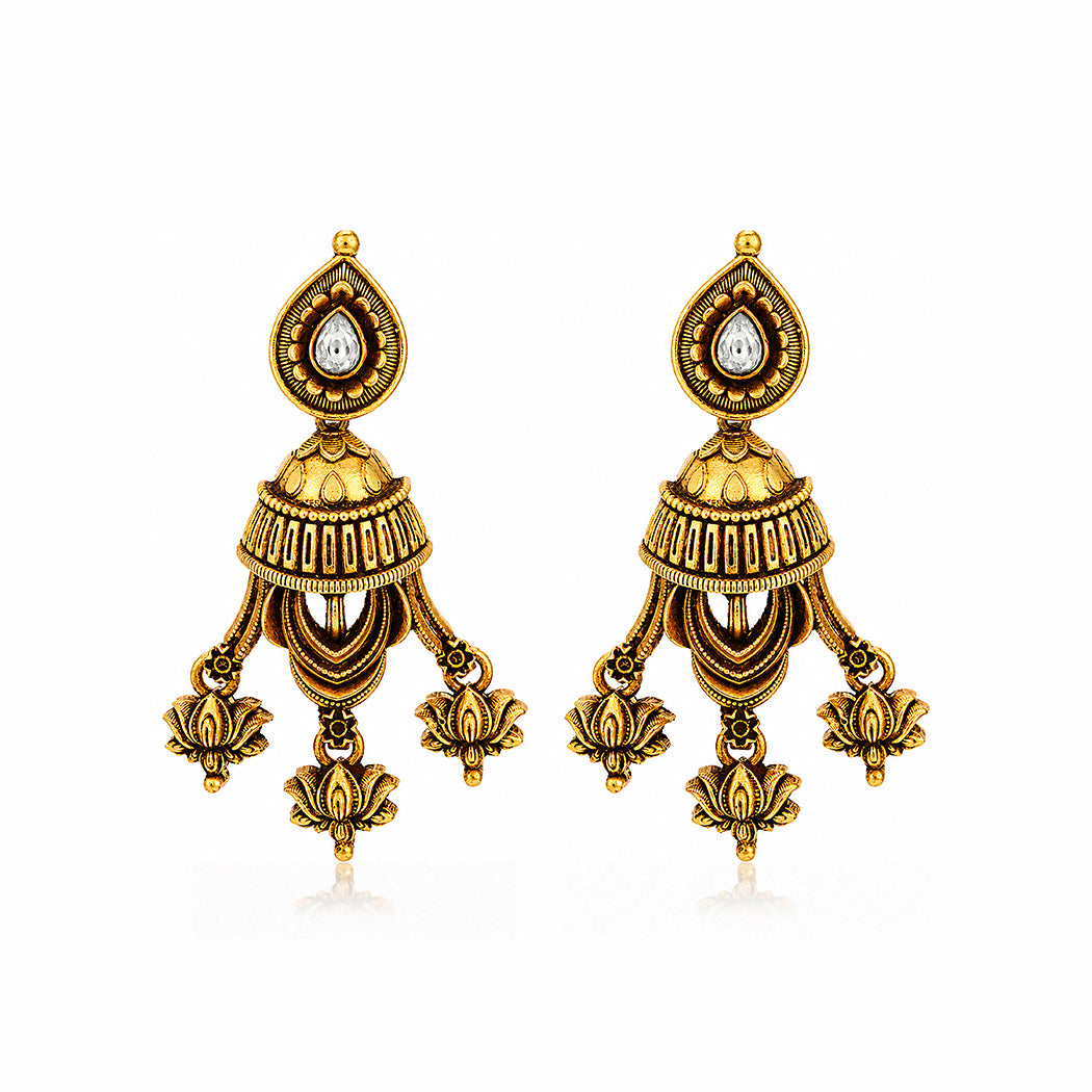 Antique Gold Lotus Chandelier Jhumka Earrings