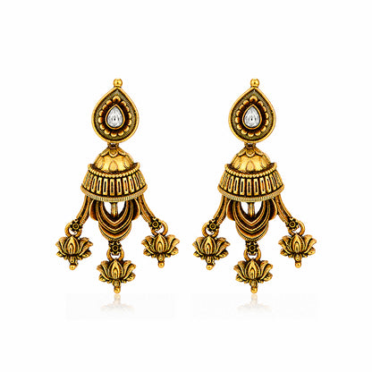 Antique Gold Lotus Chandelier Jhumka Earrings