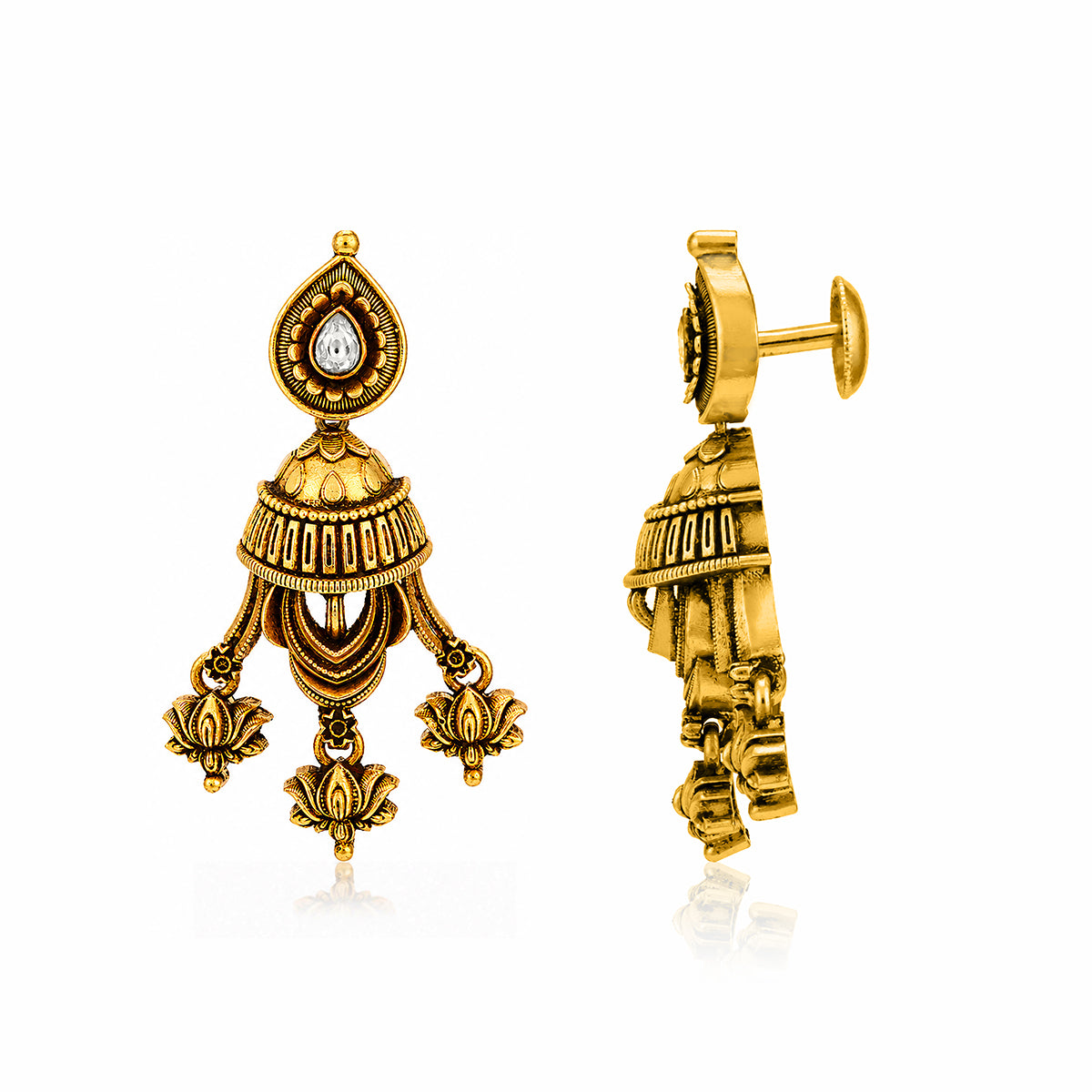 Antique Gold Lotus Chandelier Jhumka Earrings