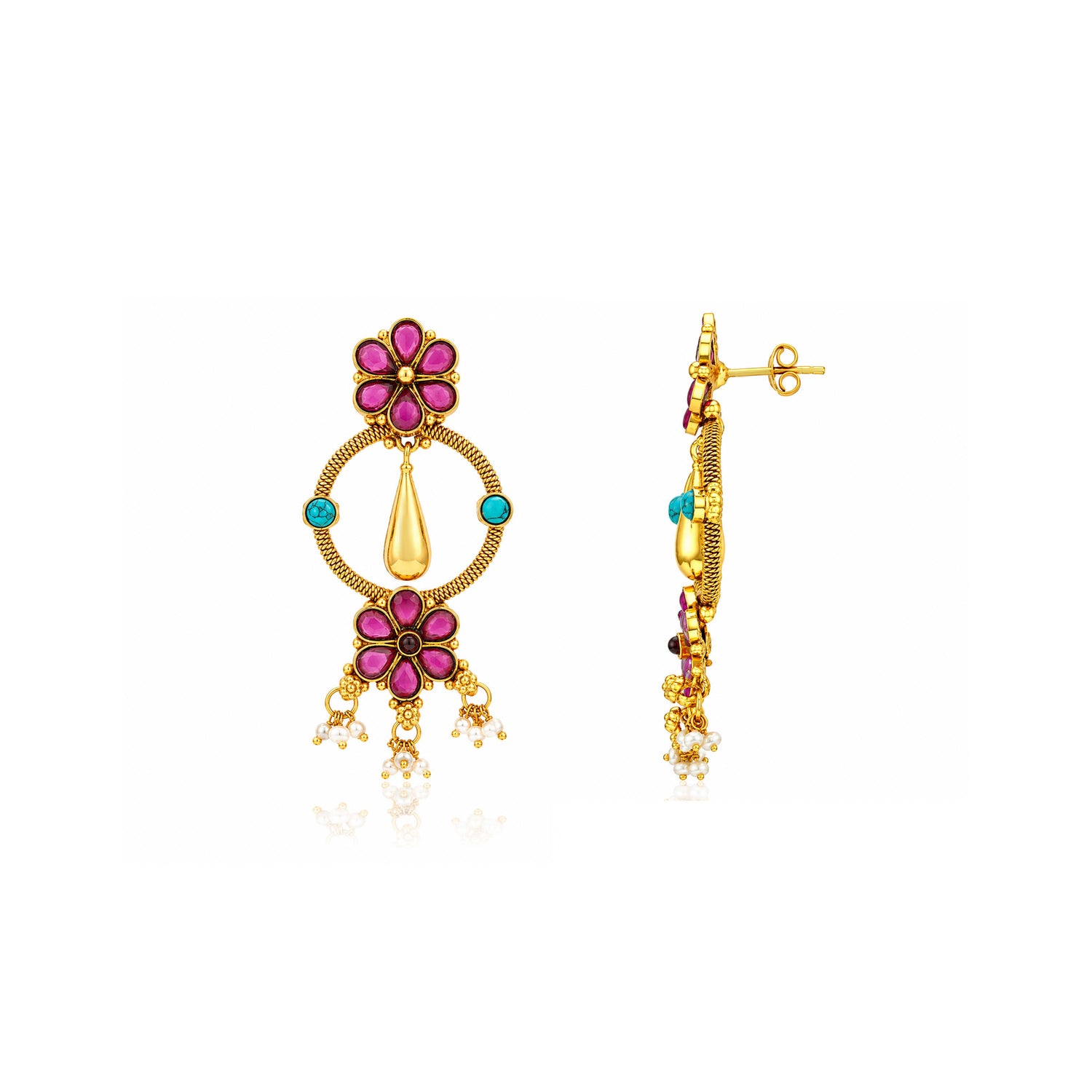 Antique Gold Pink Floral Drop Earrings