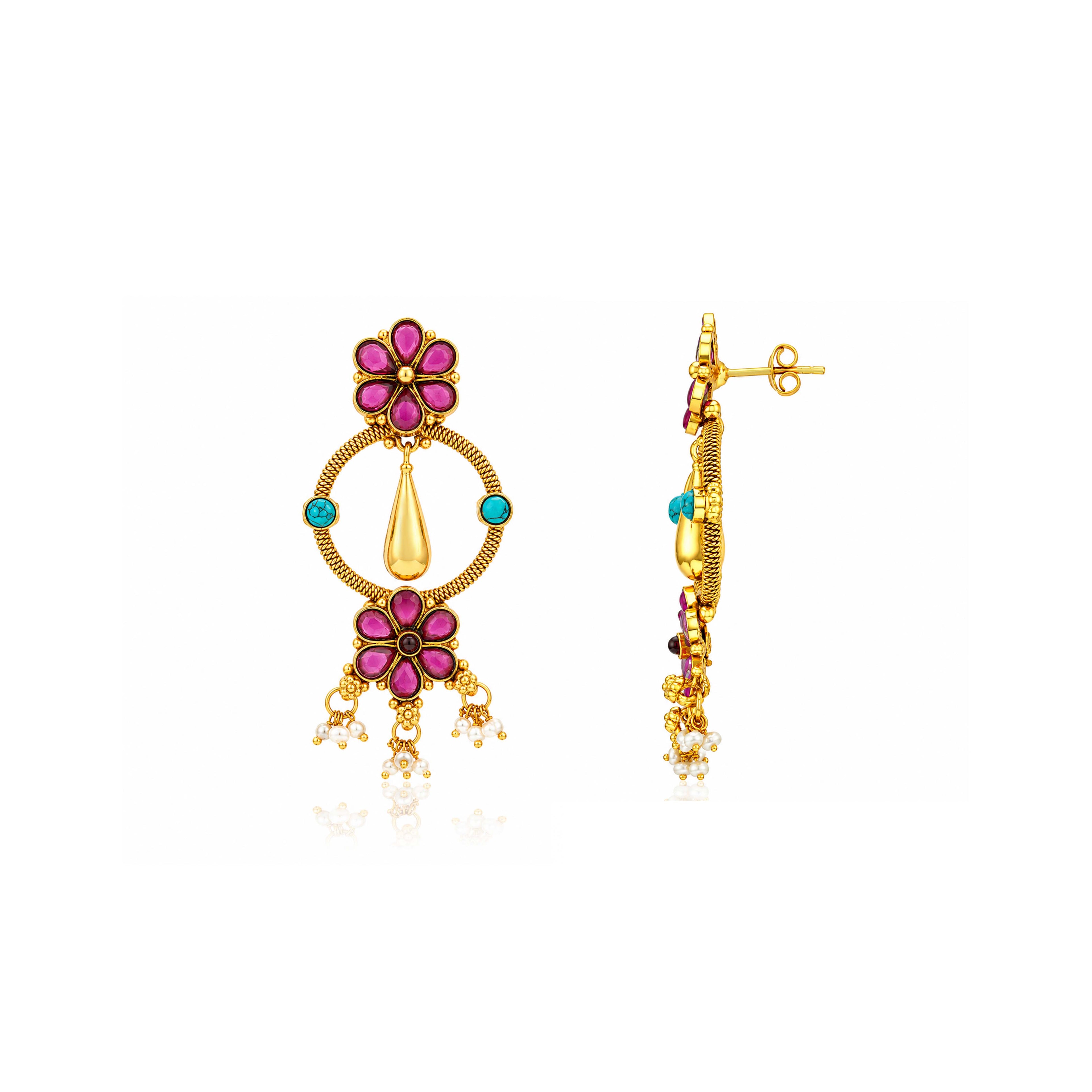 Antique Gold Pink Floral Drop Earrings
