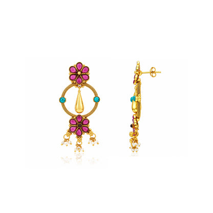 Antique Gold Pink Floral Drop Earrings