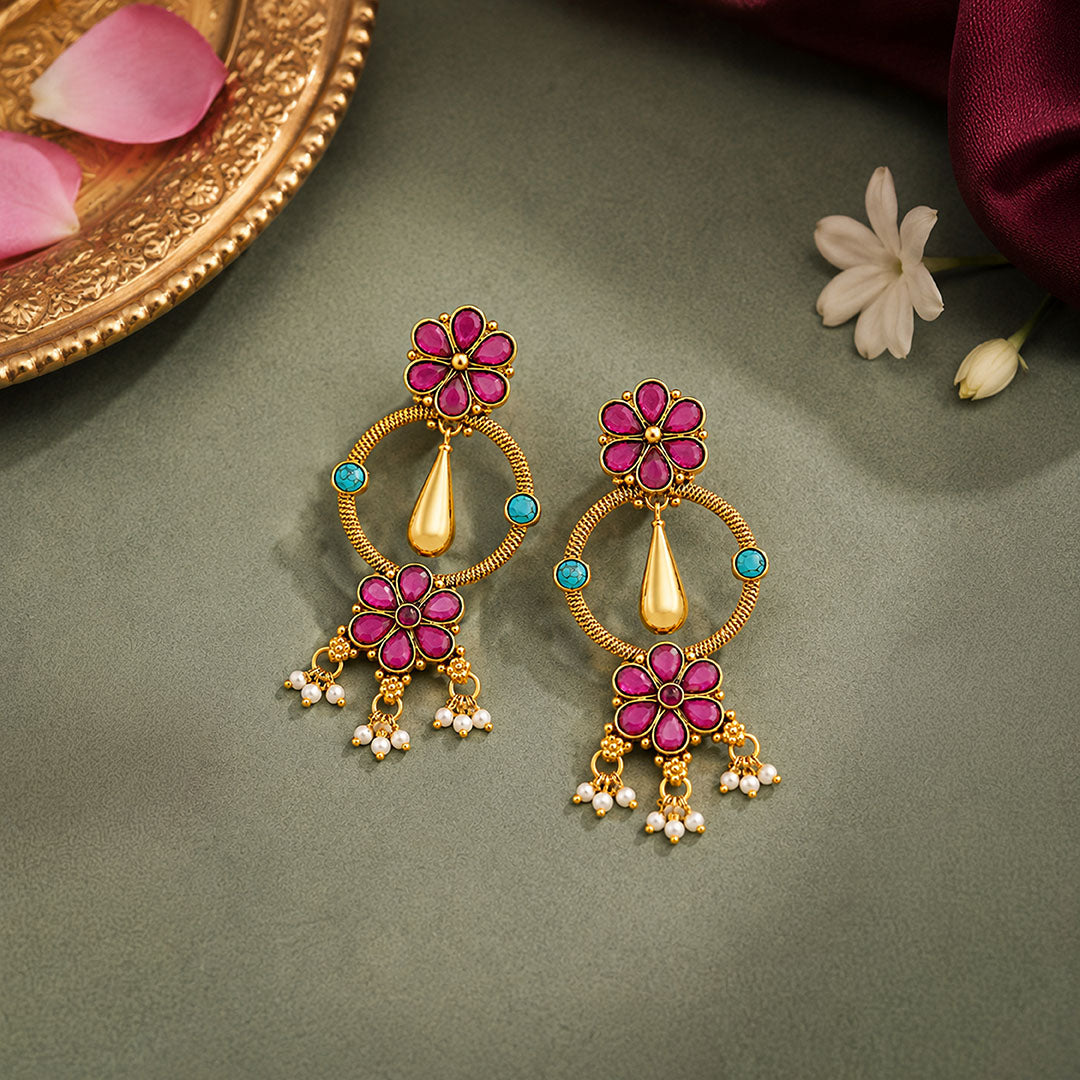 Antique Gold Pink Floral Drop Earrings