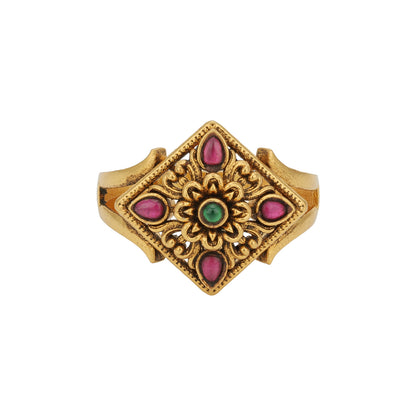 Antique Gold Plated Floral Square Frame 925 Sterling Silver Ring for Women