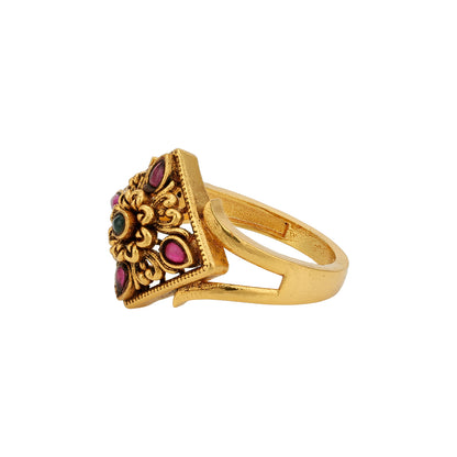 Antique Gold Plated Floral Square Frame 925 Sterling Silver Ring for Women
