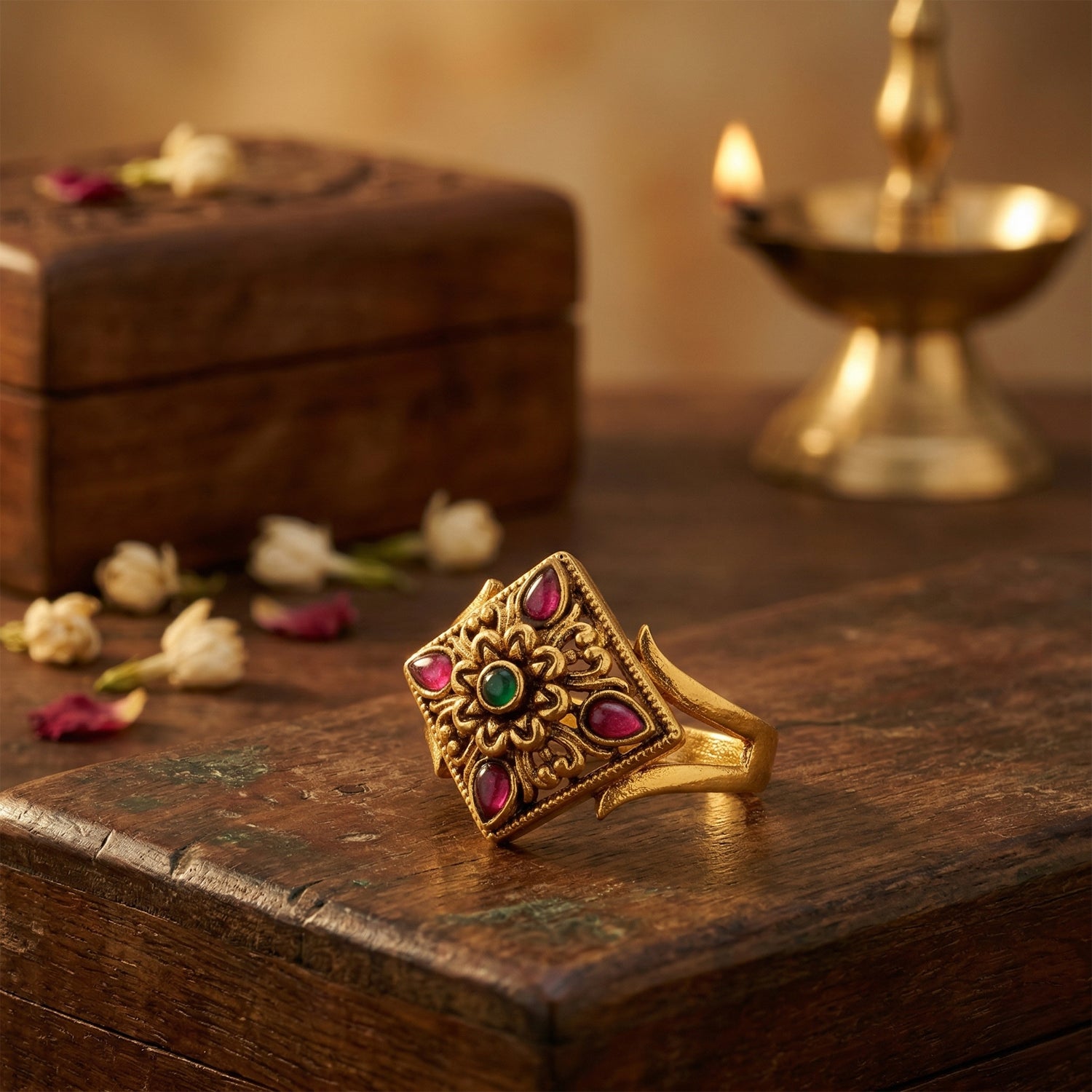 Antique Gold Plated Floral Square Frame 925 Sterling Silver Ring for Women