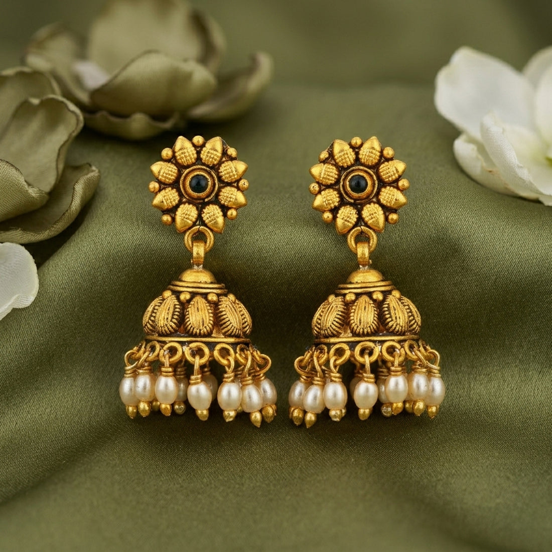 Antique Gold Plated Flower Pattern 925 Sterling Silver Pearl Drop Jhumka for Women