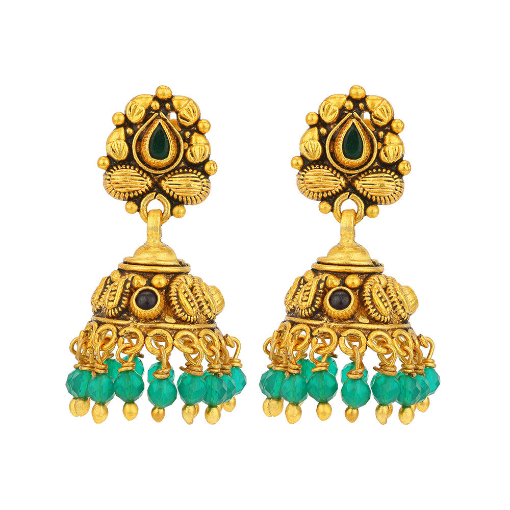 Antique Gold Plated Paisley Dome  925 Sterling Silver Green Drop Jhumka for Women