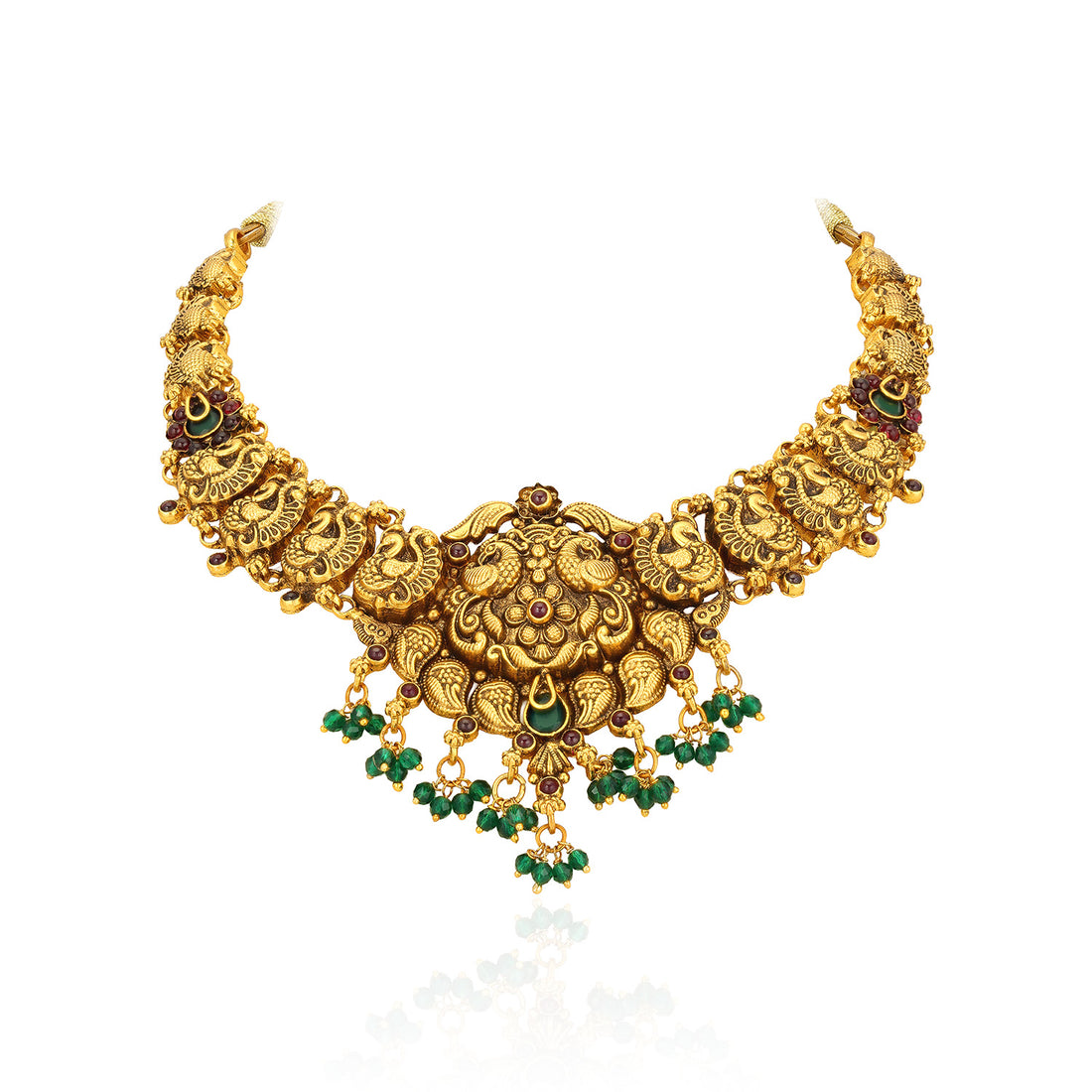 Antique Gold Plated Peacock Motif Accent 925 Sterling Silver Green Bead Drop Necklace for Women