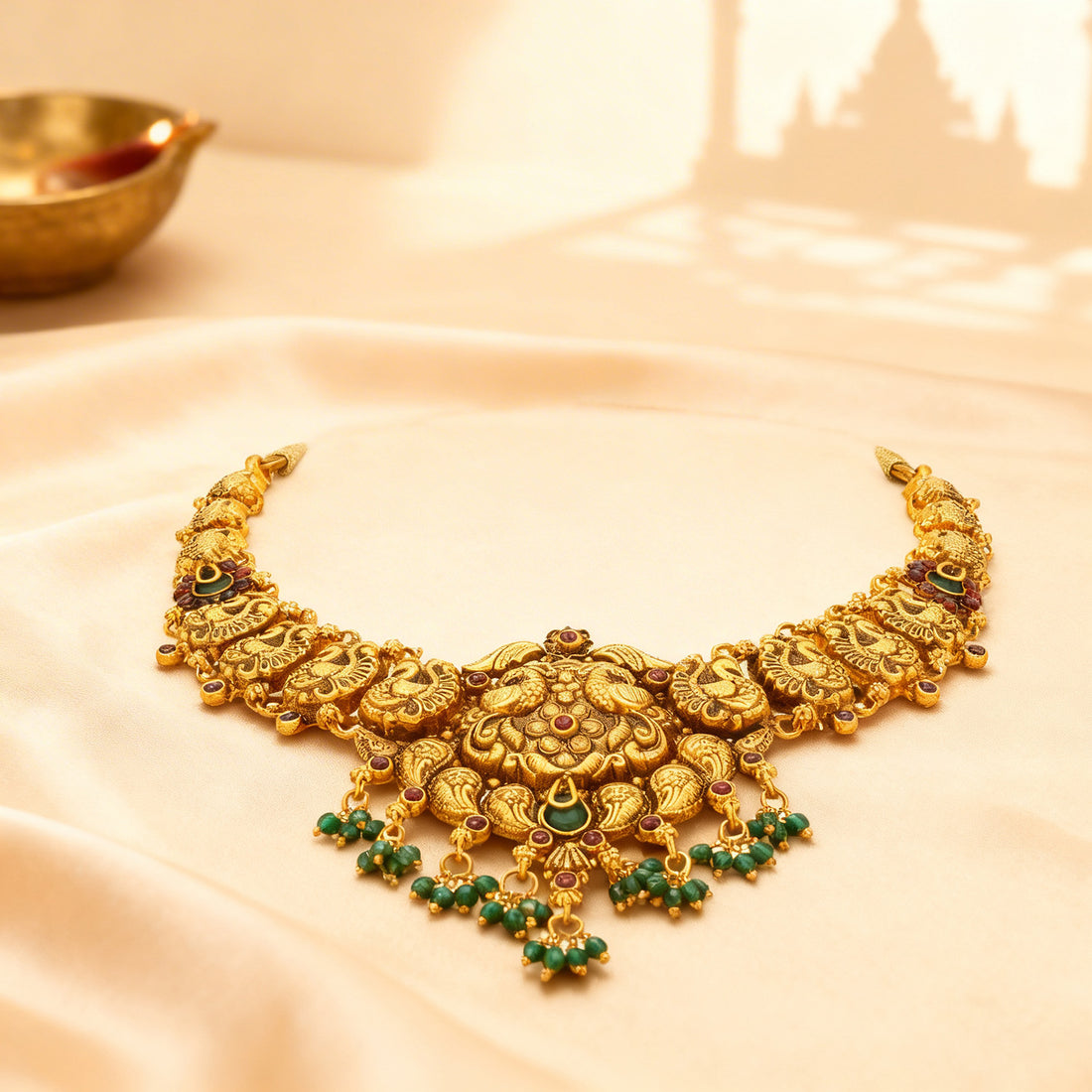 Antique Gold Plated Peacock Motif Accent 925 Sterling Silver Green Bead Drop Necklace for Women