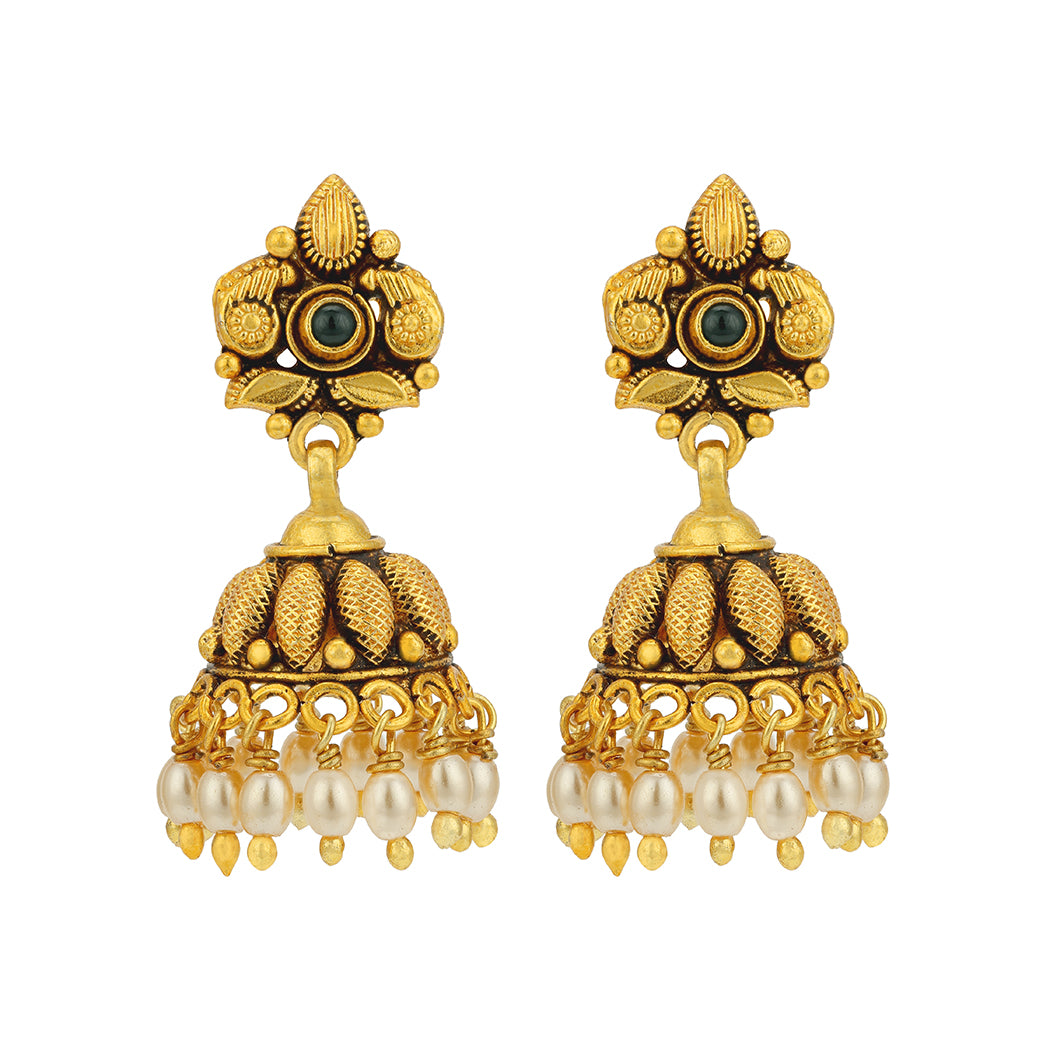 Antique Gold Plated Temple Style Dome 925 Sterling Silver Pearl Drop Jhumka for Women