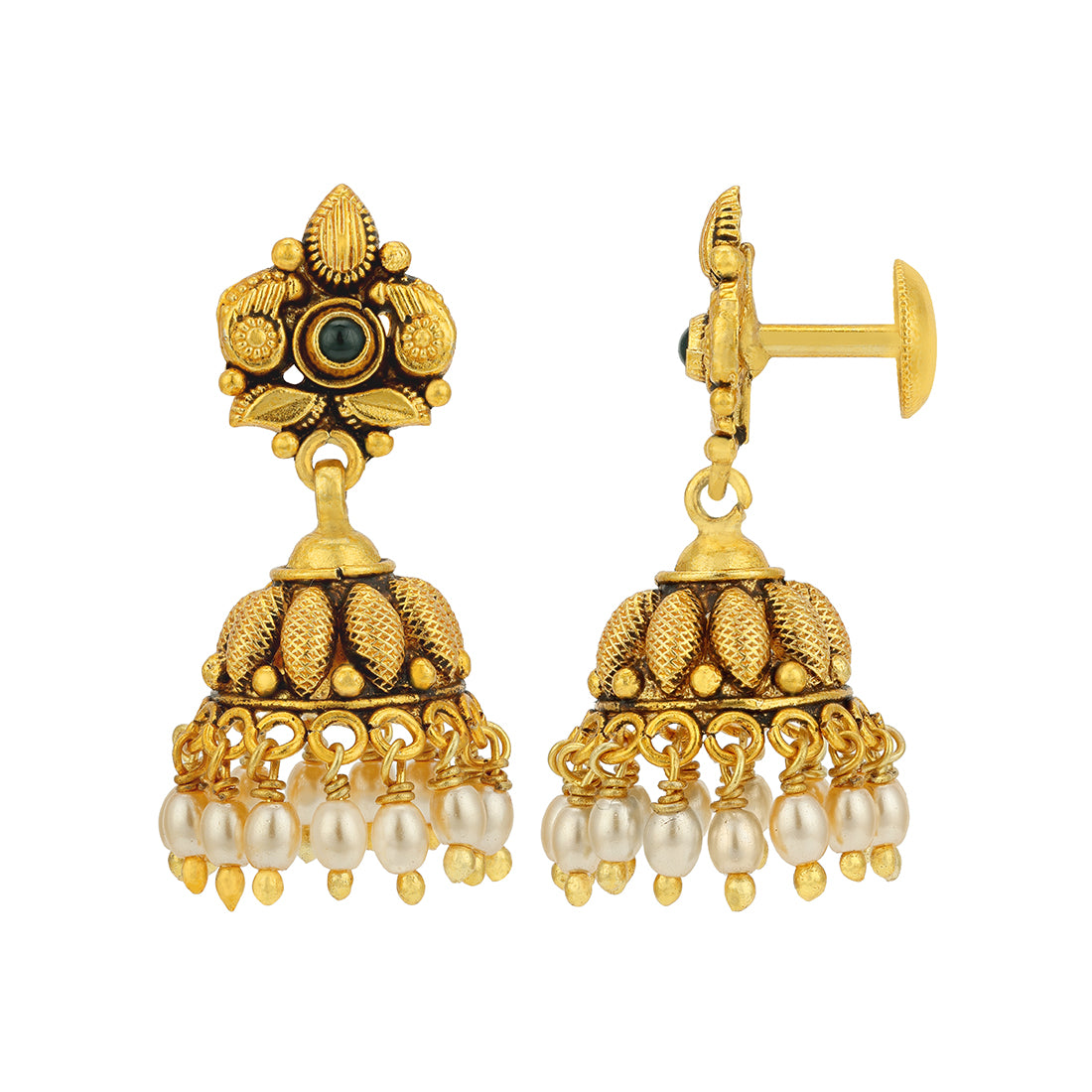 Antique Gold Plated Temple Style Dome 925 Sterling Silver Pearl Drop Jhumka for Women