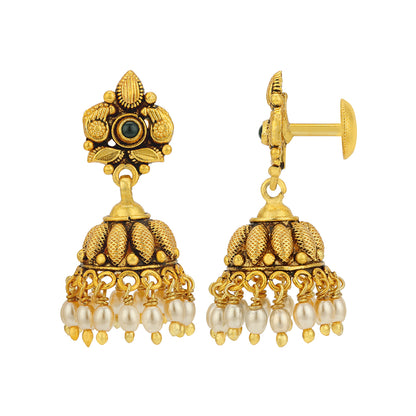 Antique Gold Plated Temple Style Dome 925 Sterling Silver Pearl Drop Jhumka for Women